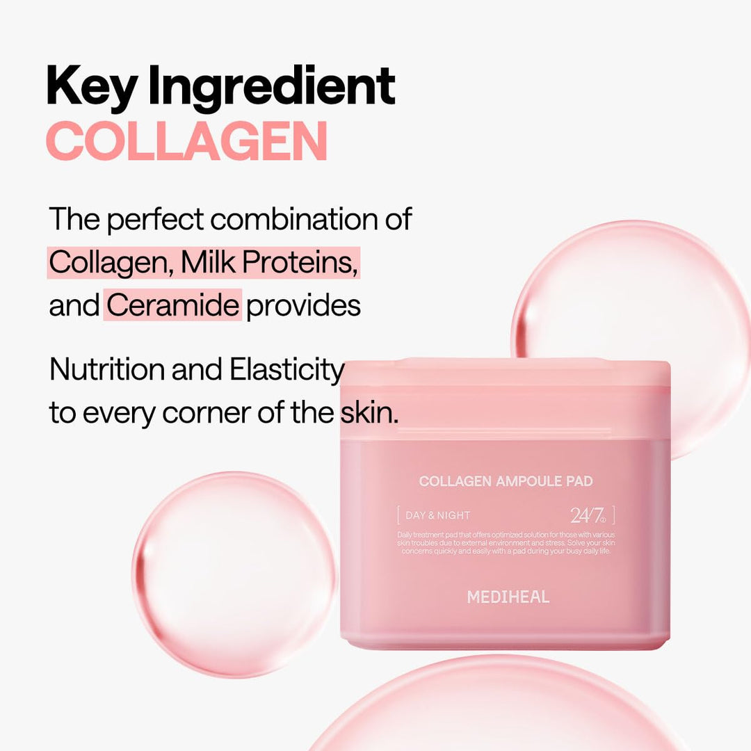 MEDIHEAL Collagen Ampoule Pad – Square Cotton Facial Toner Pads Collagen & Ceramide - Skin Firming &