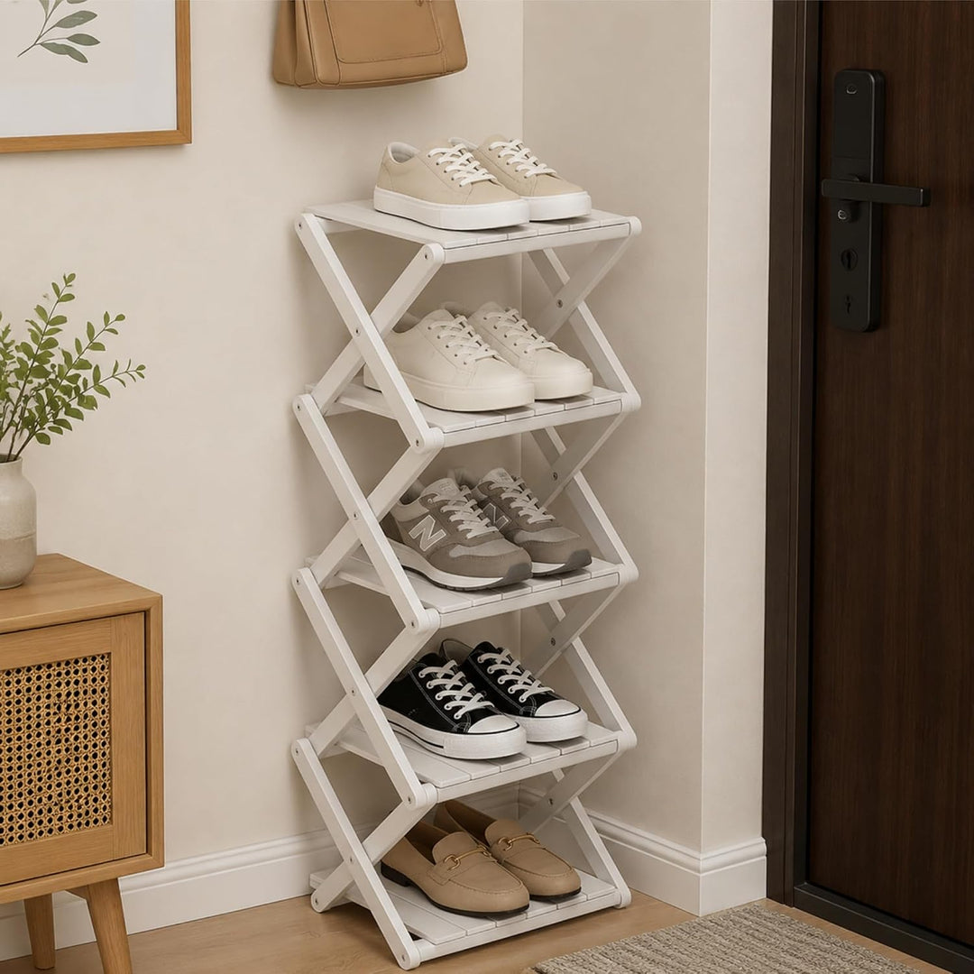 Schuhregal Schmal, Klappbar, Holz,Platzsparend (Weiss, 5 Ebenen) | Schuhregal platzsparend, Multifun
