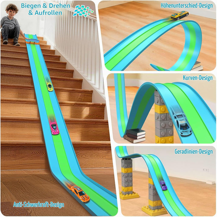 ACELIFE Flexible Autorennbahnen, 4.5M Autorennbahn Inklusive 6 Autos Tragbare Dreispurige Rennstreck