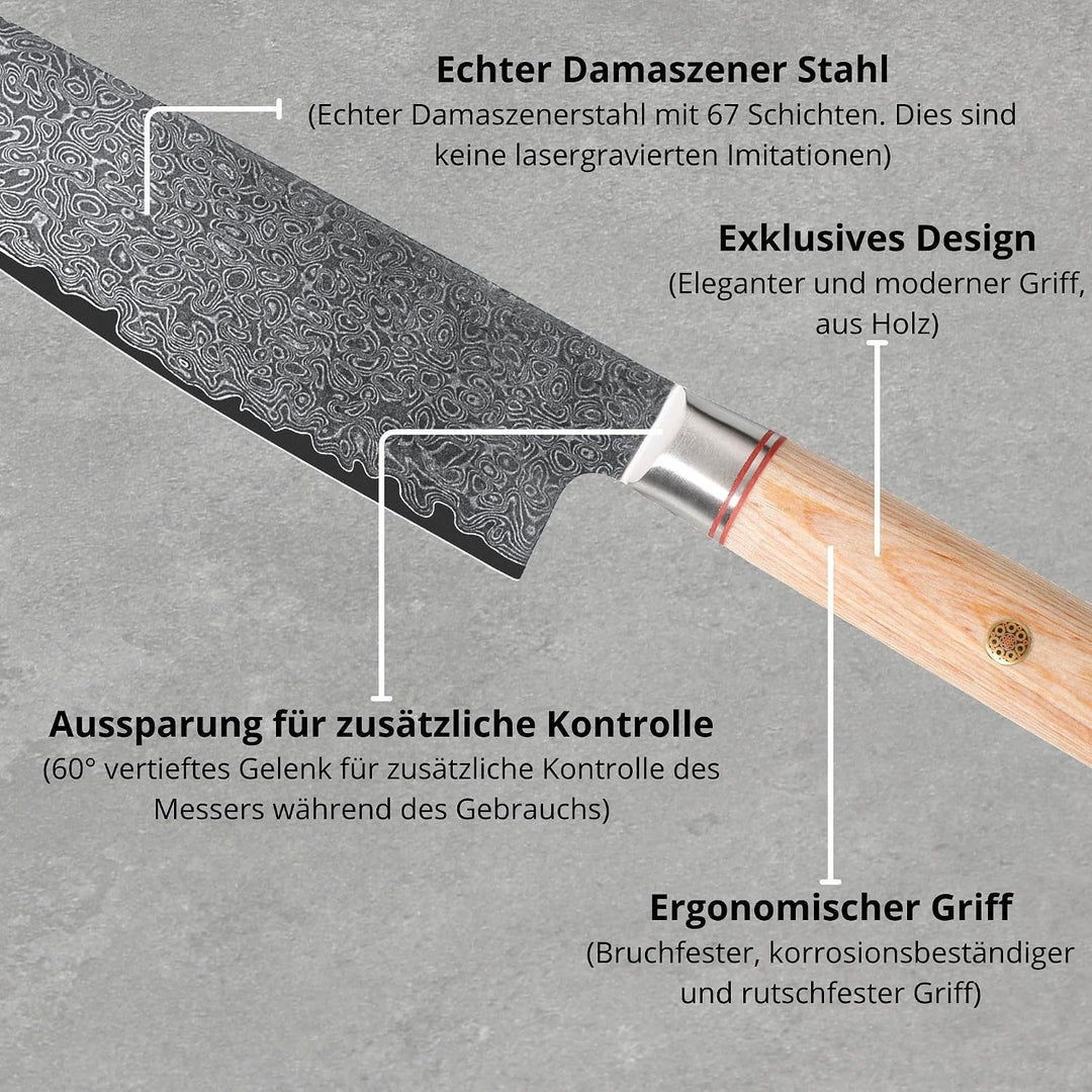 Damastmesser set. Japanisches messer set perfekt für präzisionsschnitte. Damast küchenmesser mit San