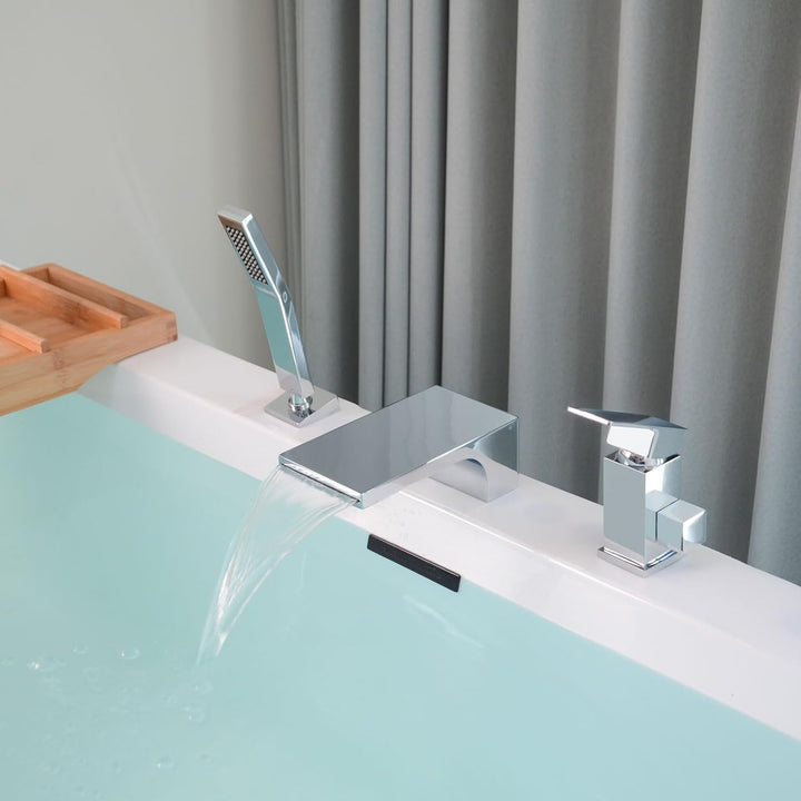 SHANFO 3 Loch Wannenrandarmatur Wasserfall, 3 Loch Badewannenarmatur mit Handbrause,Einzelgriff Wann