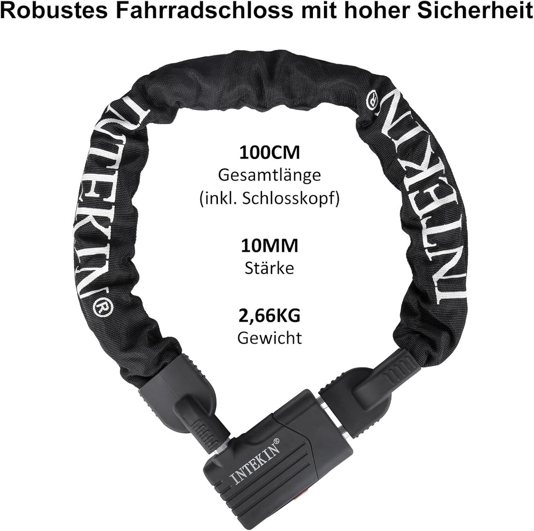 INTEKIN Kettenschloss Hohe Sicherheit, 100cm lang 10mm dick Motorradschloss, schwer Fahrradschloss a
