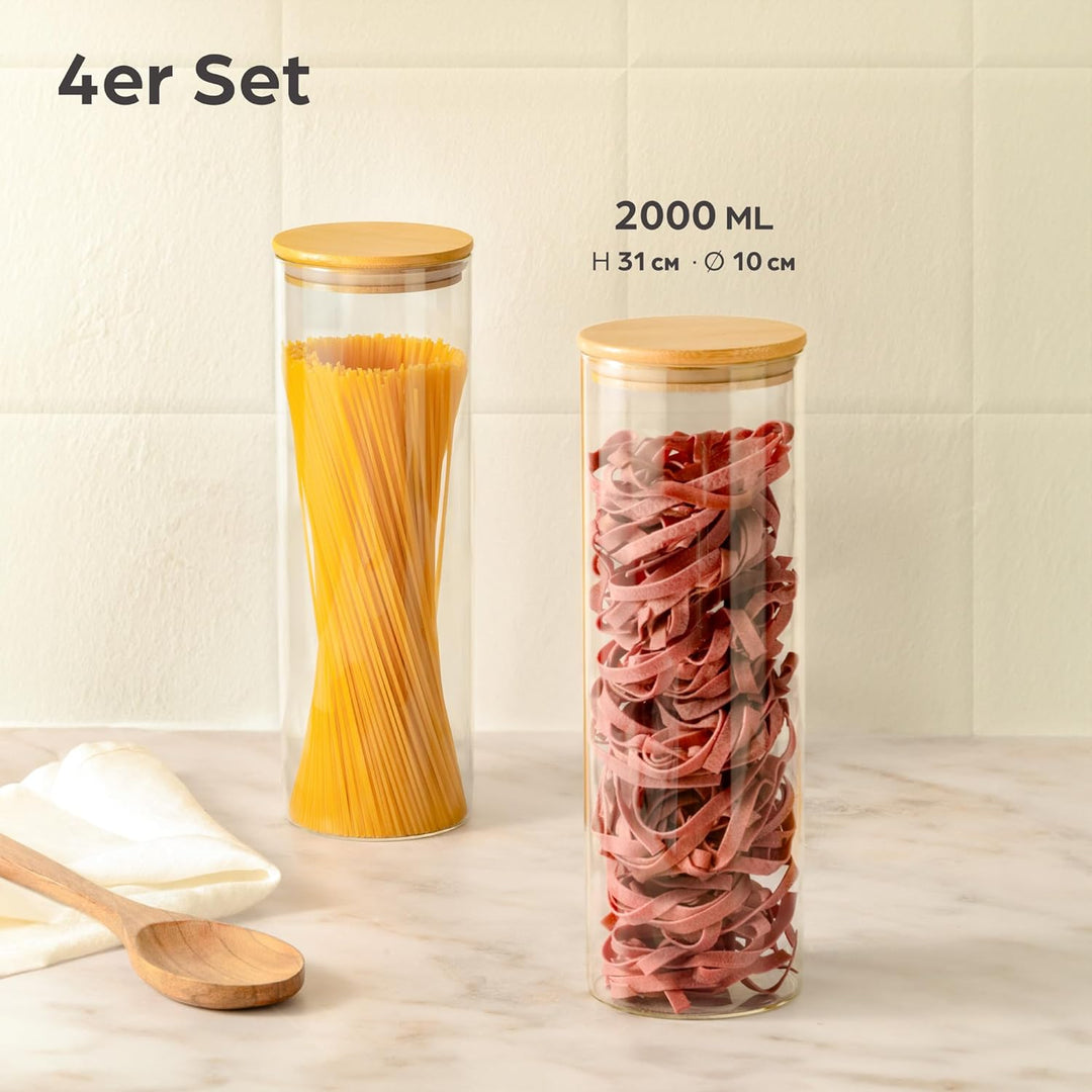Praknu Spaghetti Aufbewahrung - 4er Set Vorratsdosen glas mit Deckel - Luftdicht mit Holzdeckel - Sp