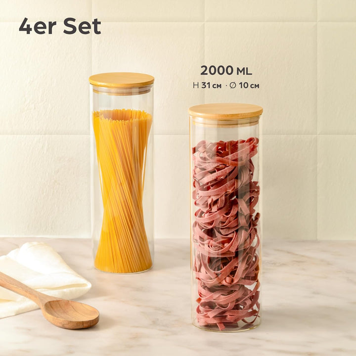 Praknu Spaghetti Aufbewahrung - 4er Set Vorratsdosen glas mit Deckel - Luftdicht mit Holzdeckel - Sp