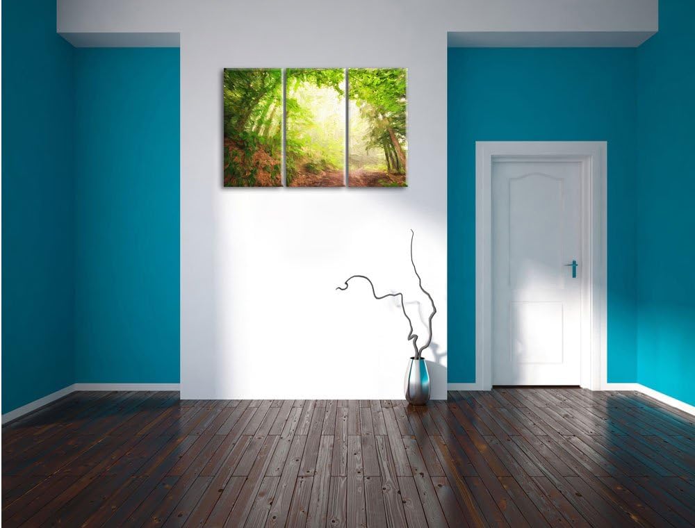 Pixxprint Sonnenstrahlen Waldweg Pinsel Effekt 3-Teiler Leinwandbild 120x80 Bild auf Leinwand