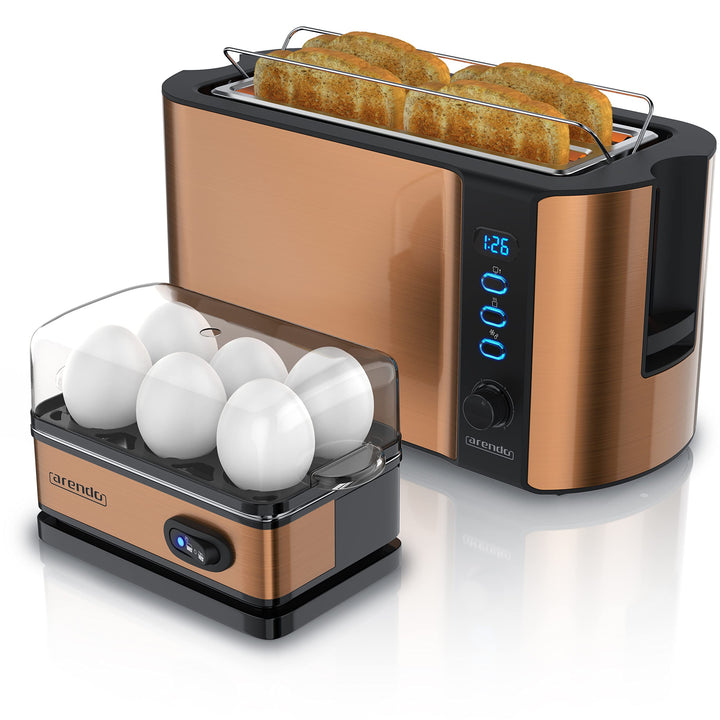 Arendo - Set Eierkocher SIXCOOK mit Toaster FRUKOST Edelstahl Kupfer, Toaster 4 Scheiben, LED-Displa