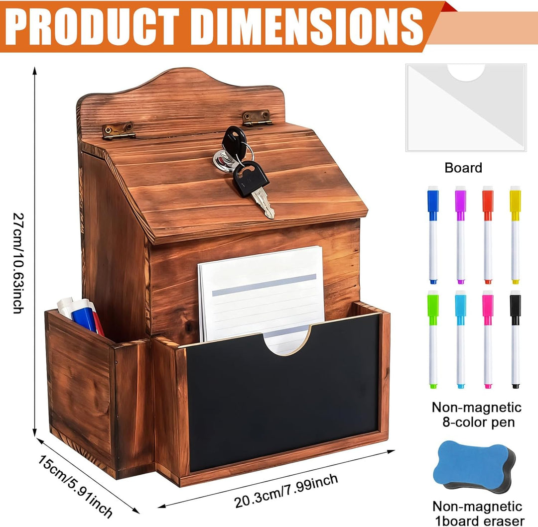 Holz Vorschlagsbox, 20.3 * 15 * 27cm Spendenbox Abschliessbar m it 8-Farben-Tafelstift und nichtmagn