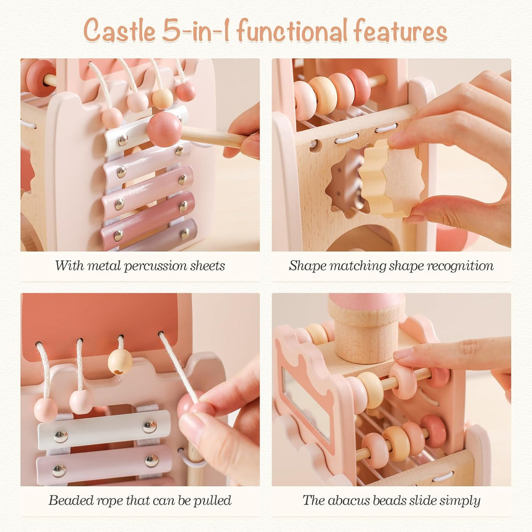 Promise Babe Montessori Spielzeug Baby Holzspielzeug,5 in 1 Rosa Schloss Lernspielzeug Motorikwürfel