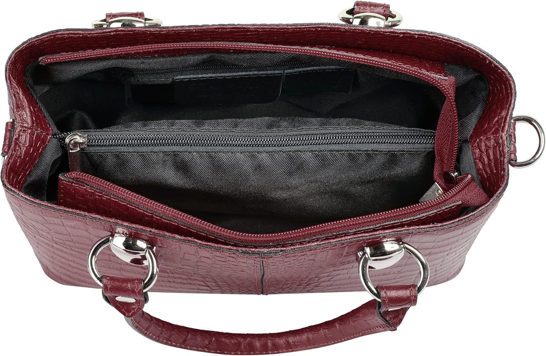 Umhängetasche Echt Leder Damen Made in Italy, Kroko-Optik Handtasche, Damen Schultertasche, elegante