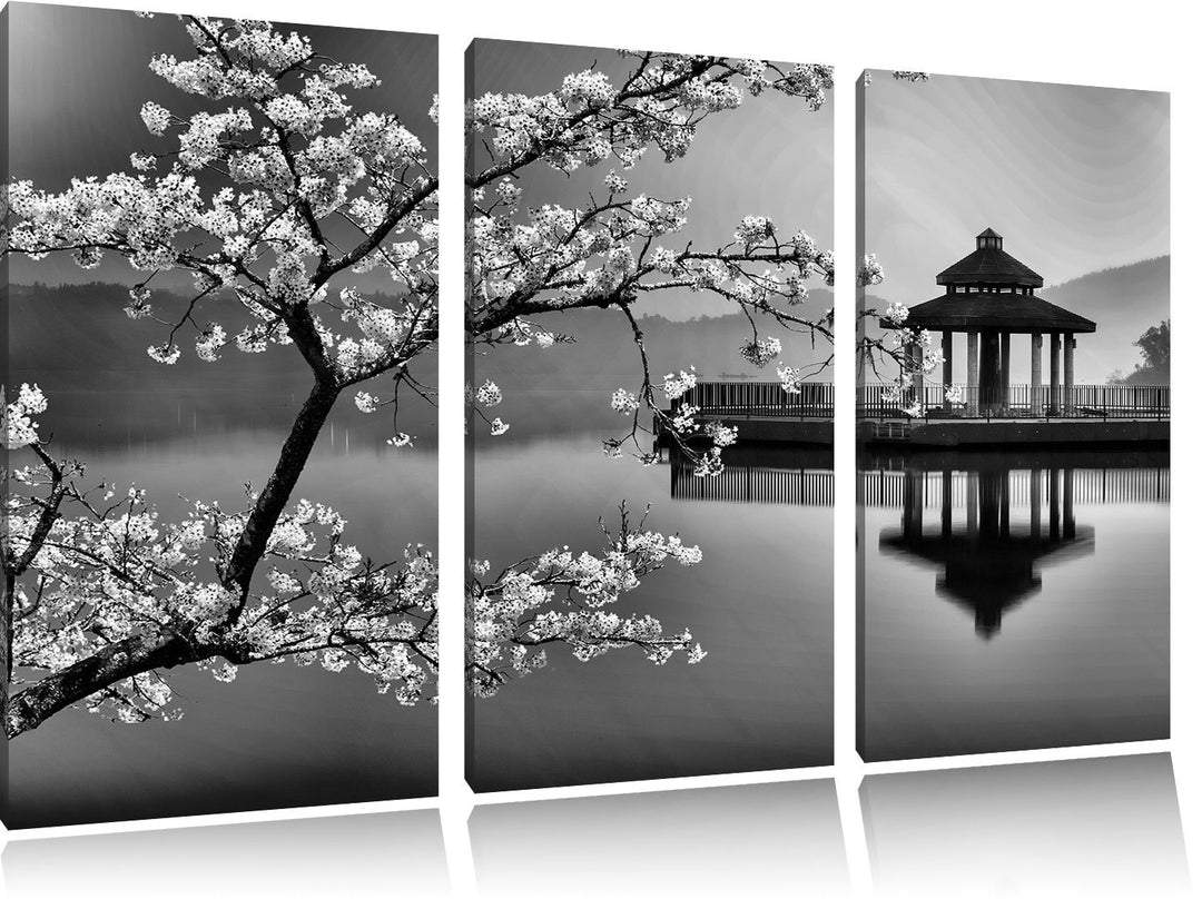 Pixxprint Kirschbaum an See als Leinwandbild/Grösse: 3 Teilig (120x80 cm) cm/Wandbild/Kunstdruck/fer