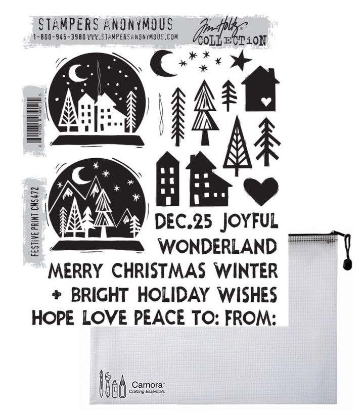Tim Holtz Stampers Anonymous Festliches Druck-Stempel-Set + Carnora Netz-Aufbewahrungstasche, Septem