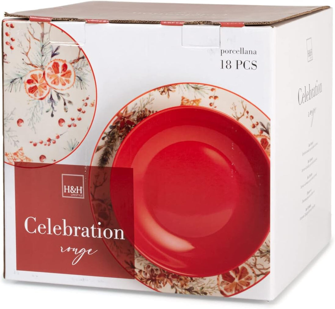 H&h servizio tavola natalizio 18 pezzi celebration rosso
