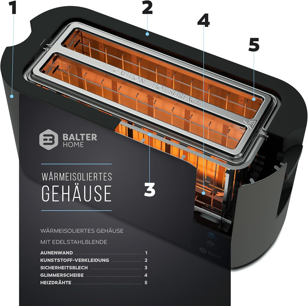 Balter Toaster 4 Scheiben, Langschlitz, Edelstahl, Brötchenaufsatz, LCD Display mit Restzeitanzeige,