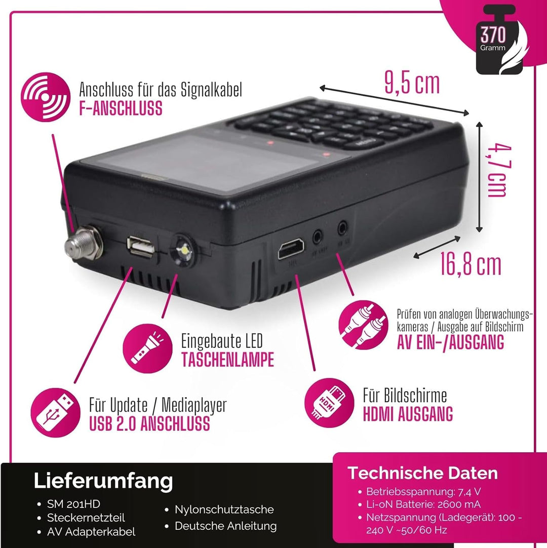 Summit SM 201HD Satelliten Messgerät I Sat Finder für DVB-S/S2 I Digitales Messgerät mit 3,5" TFT LC