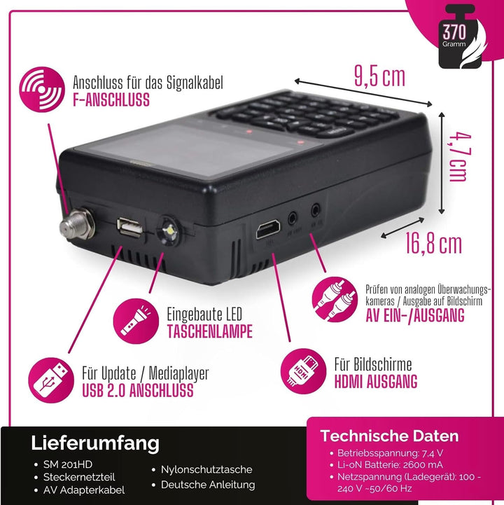Summit SM 201HD Satelliten Messgerät I Sat Finder für DVB-S/S2 I Digitales Messgerät mit 3,5" TFT LC