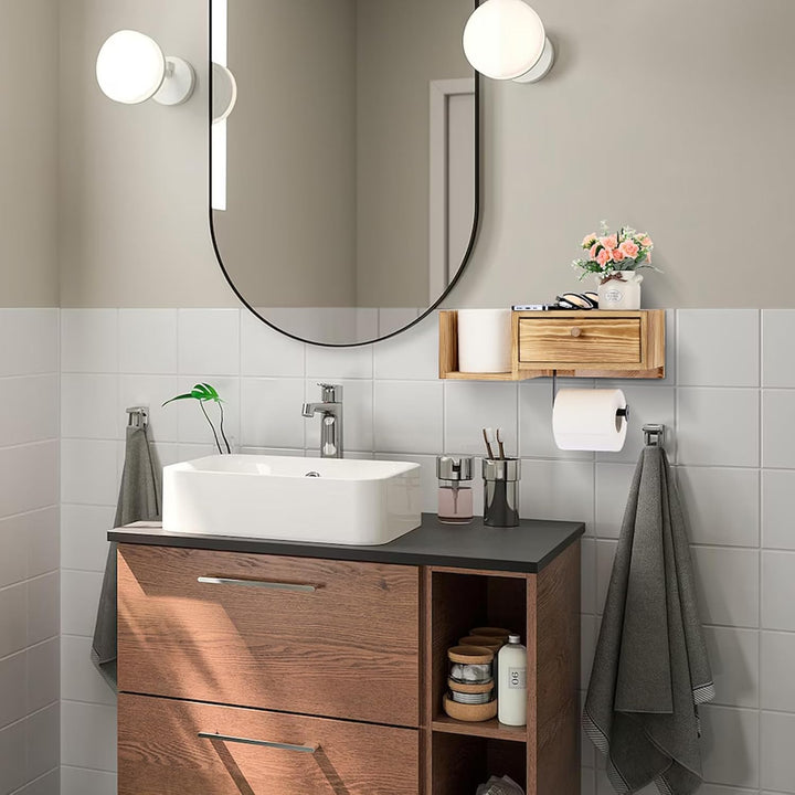 BTSKY Wandmontierter Toilettenpapierhalter aus Holz mit Regal und Schublade, Badezimmer-Toilettenpap