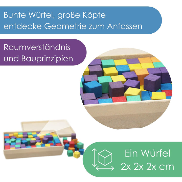 WISSNER® aktiv Lernen – 150 Farbige Würfel 2 cm, RE-Wood, in 6 Farben, nachhaltig & schadstofffrei,