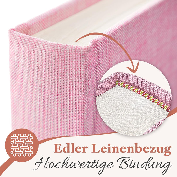 Fotoalbum zum Einkleben - Platz für 150 Fotos - echtes Leinen - Fotobuch 21 x 28 cm in Rosa - 50 wei