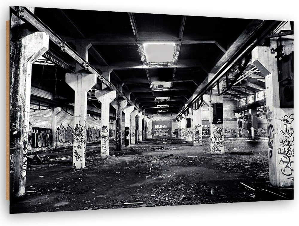 Wanddeko Street Art Kunst modern Bilder Fabrik schwarz-weiss 100x70 cm Deko Paneel 100x70 cm schwarz