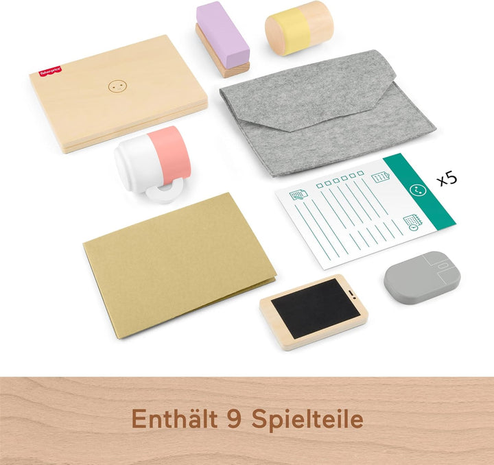 Fisher-Price Homeoffice-Set aus Holz für Kindergartenkinder, 9 Zubehörteile mit Holz-Laptop und -Tel