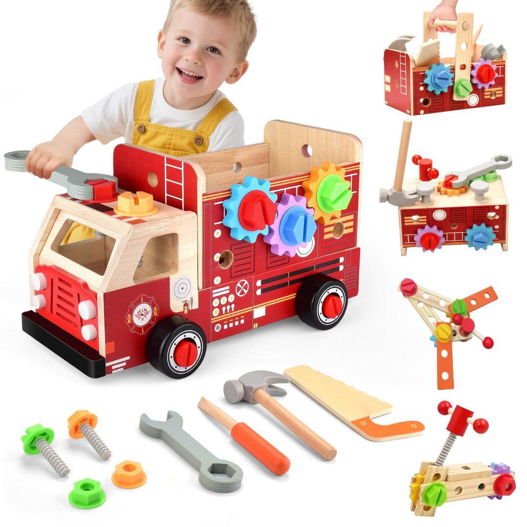Werkzeugkoffer Kinder Werkbank, 2 in 1 Feuerwehrfahrzeug aus Holz und Werkzeug Kinder, Montessori Ho