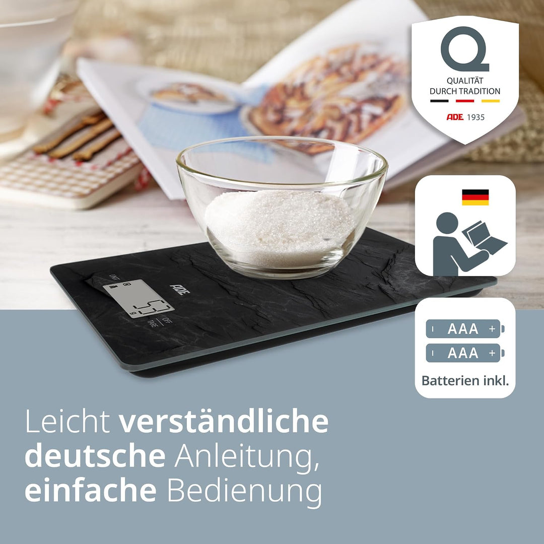 ADE Digitale Küchenwaage | präzise Grammwaage bis 5 kg | grosses Display | inkl. AAA Batterien | seh