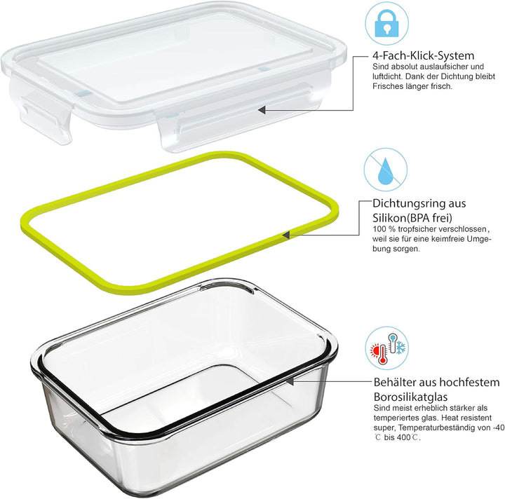 GENICOOK Glas-Frischhaltedosen Set-Glasbehälter/Brotdose/vorratdose/Aufbewahrungsbehälter - BPA frei