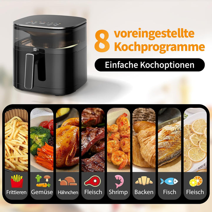 aeco TOUCH AirFryer 5,7 Liter, Heissluftfritteuse mit 270° beleuchtetem Sichfenster & digitalem Touc