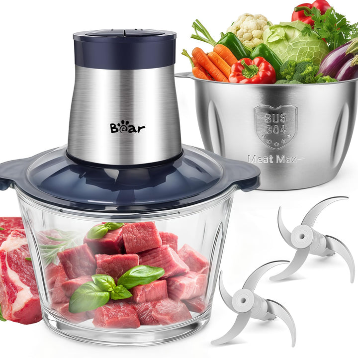 Bear 2L+1.8LFleischwölfe Zerkleinerer Elektrisch, Glas+Edelstahl，600W 2 Geschwindigkeit, Häcksler mi