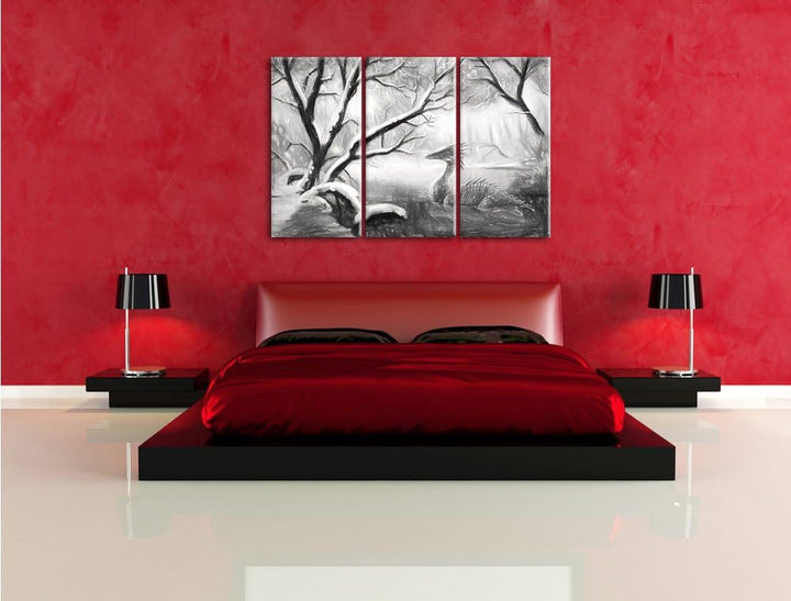 Pixxprint Drache im schneebedeckten Wald als Leinwandbild/Grösse: 3 Teilig (120x80 cm) cm/Wandbild/K