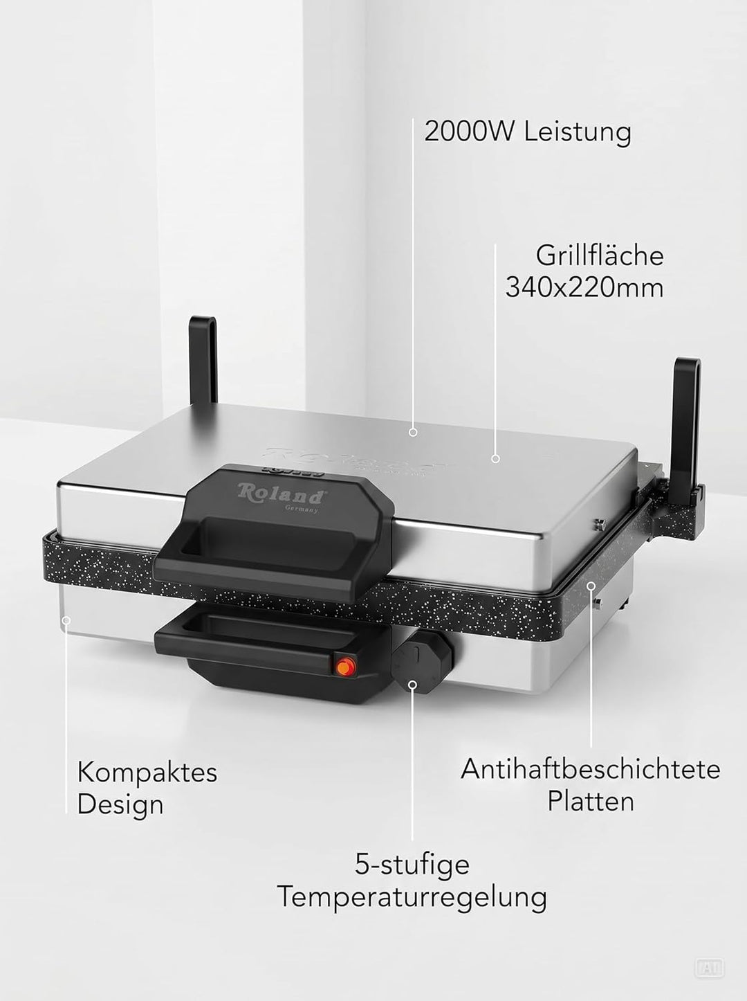 Roland Germany Multigrill, 2000W Elektro-Kontaktgrill, Schwarz, 340x220mm Grillplatten, 5-Stufen Tem