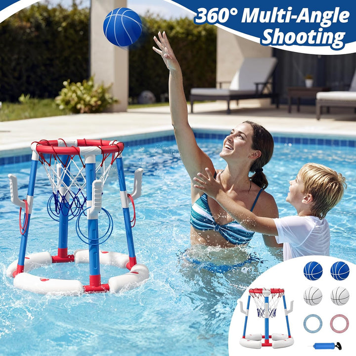 Pool Basketballkorb für Kinder, Wasserspielzeug Pool Basketball mit Backboard, 4 Bällen, 8 Ringen, P
