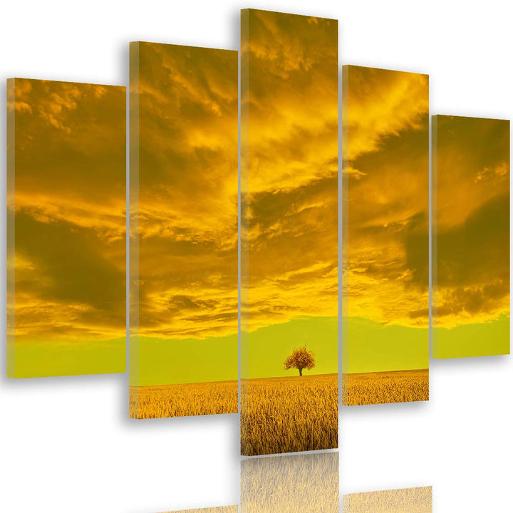 Feeby Bilder Abstrakt 300x140 cm - Leinwandbild 5 Teilig XXL Kunstdruck Wiese Wolke orange Leinwandb