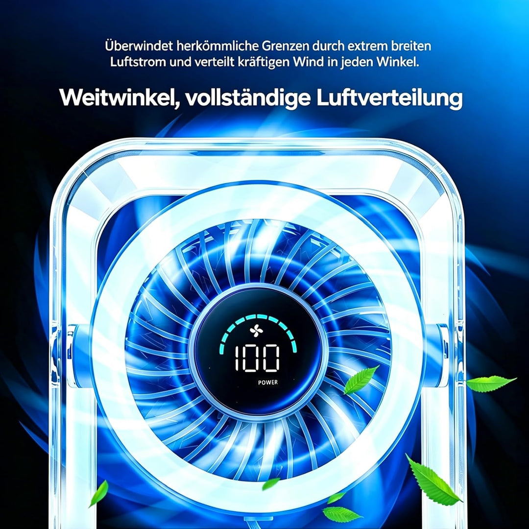 Kleiner Tischventilator, ultraleise, 100 Geschwindigkeitsstufen | Digitalanzeige, 3000-mAh-Akku, Tur