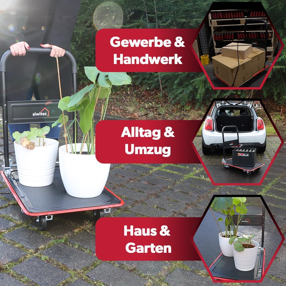 siwitec Plattformwagen, Transportwagen klappbar 150kg, inkl. Spanngurte, Rollwagen, Handwagen, Trans