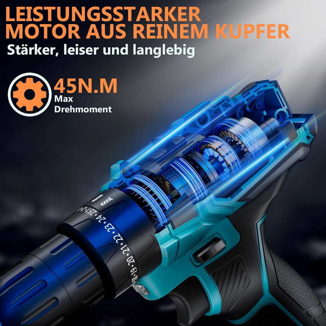 Akkuschrauber, 21V Akku Bohrschrauber Set mit Akku 2000mAh 45Nm Drehmoment Max 25+3 Drehmomentstufen