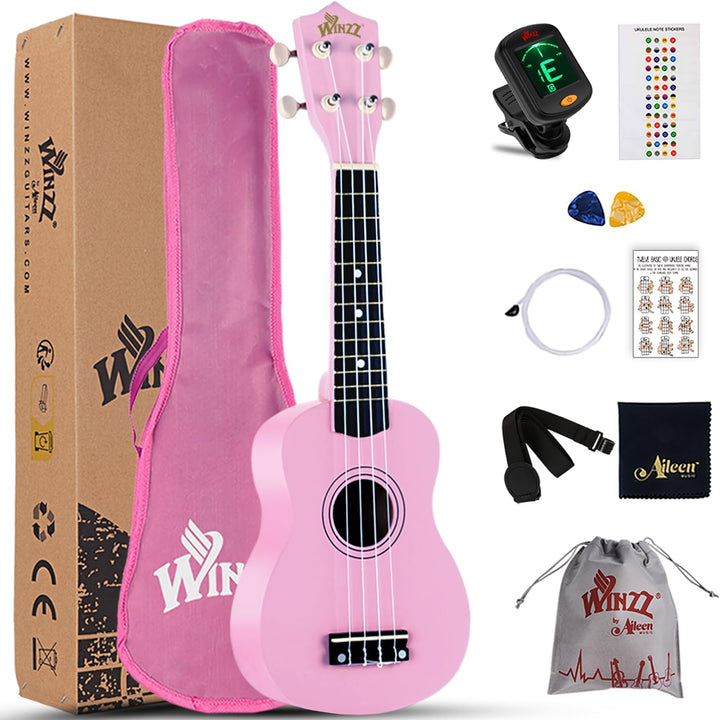 Winzz Sopran Ukulele Starter Kit für Anfänger mit Tasche, Clip-On Tuner, Zusätzlichen Saiten, Gurt,
