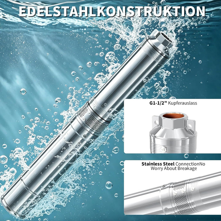 FOTING 2200 W Tiefbrunnenpumpe 3 HP Brunnenpumpe 163 L/min Tauchpumpe max. d10.2x13.72 cm, d10.2x13.