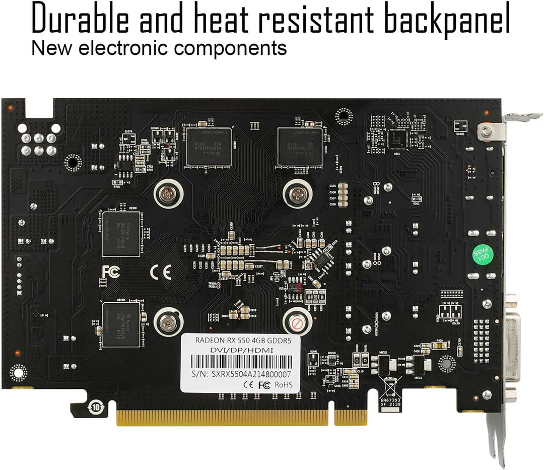 SAPLOS Radeon RX 550 Grafikkarte, 4GB, GDDR5, 128-Bit, DisplayPort DVI-D HDMI, ITX Design, PC Graphi