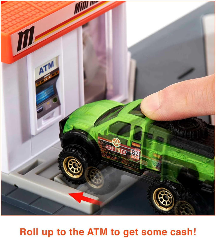 Matchbox GVY84 - Tankstellen Spielset mit 1 Fahrzeug im Massstab 1:64 und interaktiven Zapfsäulen, m