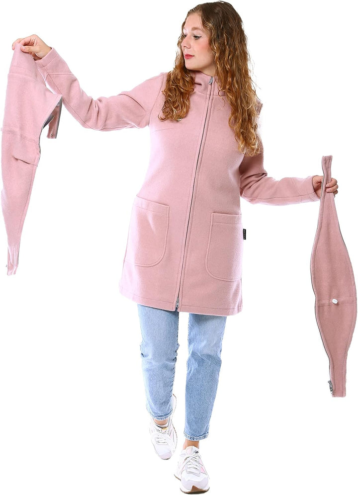 Viva la Mama - schicker Umstands- und Tragemantel für den Winter - VALENTIN XS rosa - vorn und hinte
