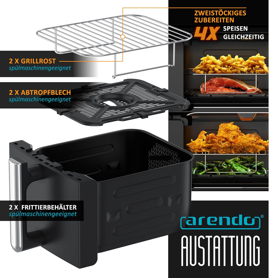 Arendo - Heissluftfritteuse Dual Zone Doppelkammer – XXL 11L Kapazität – 2 Kammern 2 Zonen – Airfrye