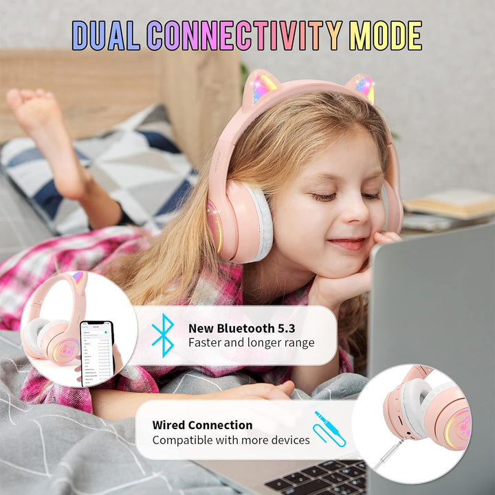 IFECCO Bluetooth Kopfhörer Kinder mit Mikrofon,Kinder Kabellos Kopfhörer mit Tasche,LED-Leuchten Kat