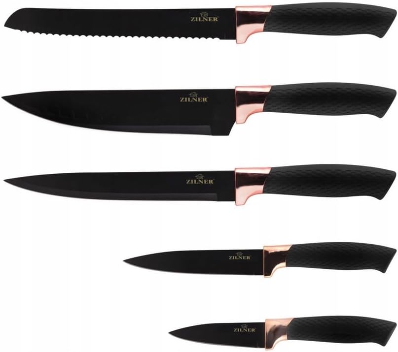 Messerblock mit Messer, Messerset 6-teilig, Schwarz Gold, Edelstahl