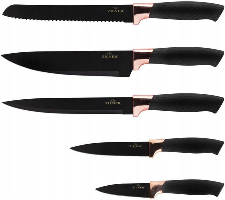 Messerblock mit Messer, Messerset 6-teilig, Schwarz Gold, Edelstahl
