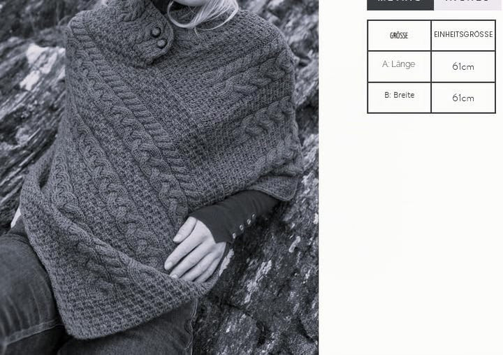 Irischer Aran Poncho Strickponcho Umhang Wollponcho aus 100% Merinowolle für Damen Einheitsgrösse Ar