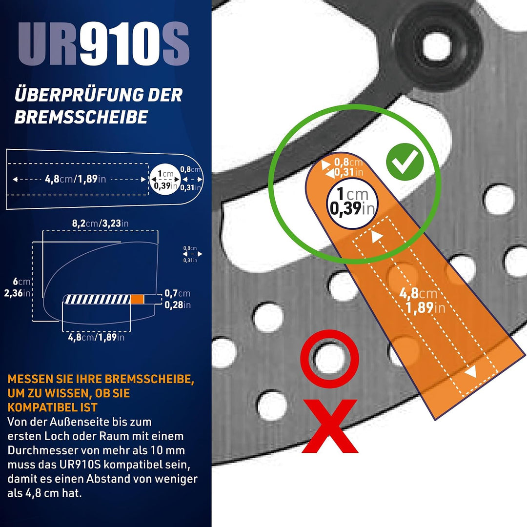 URBAN UR910S Motorrad Bremsscheibenschloss mit Alarm 120 dB + Erinnerungskabel 140cm, Doppelverriege