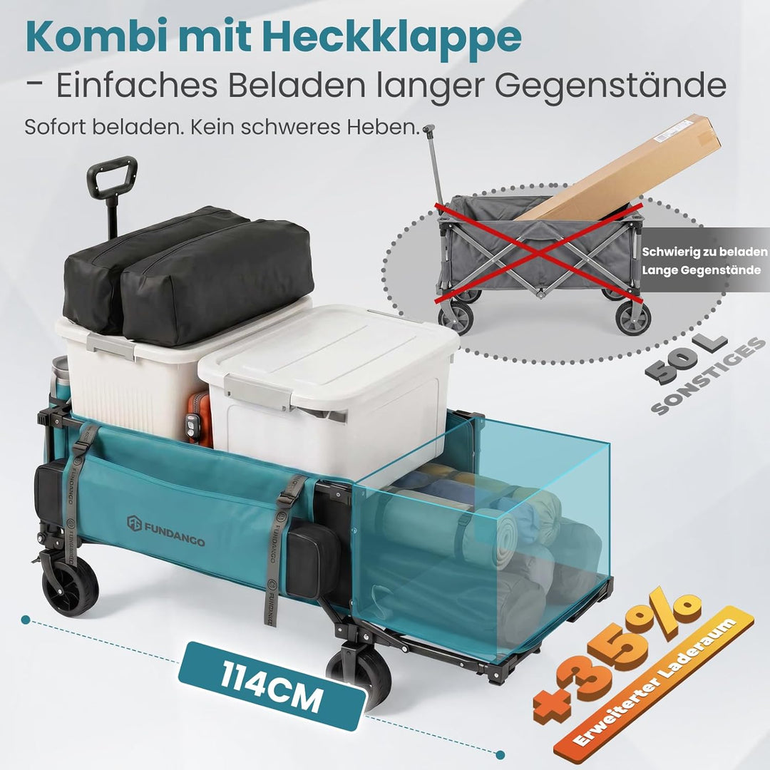 FUNDANGO XXL Bollerwagen Faltbar 180KG 200L mit Heckklappe, 114CM Extra Lang, Kompakt Zusammenklappb