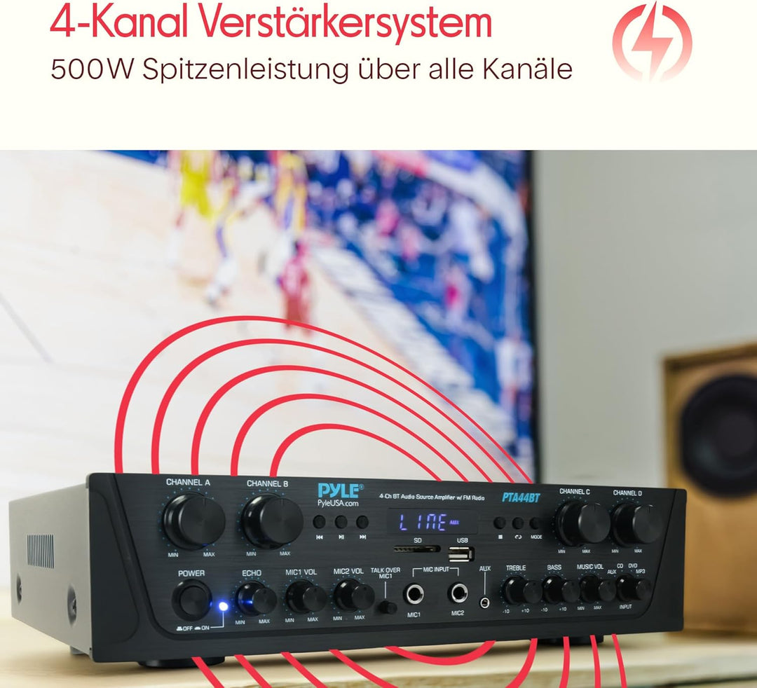 Pyle Bluetooth Stereo Verstärker 500W – 4-Kanal Mini Receiver mit USB, AUX, FM-Radio, Subwoofer RCA