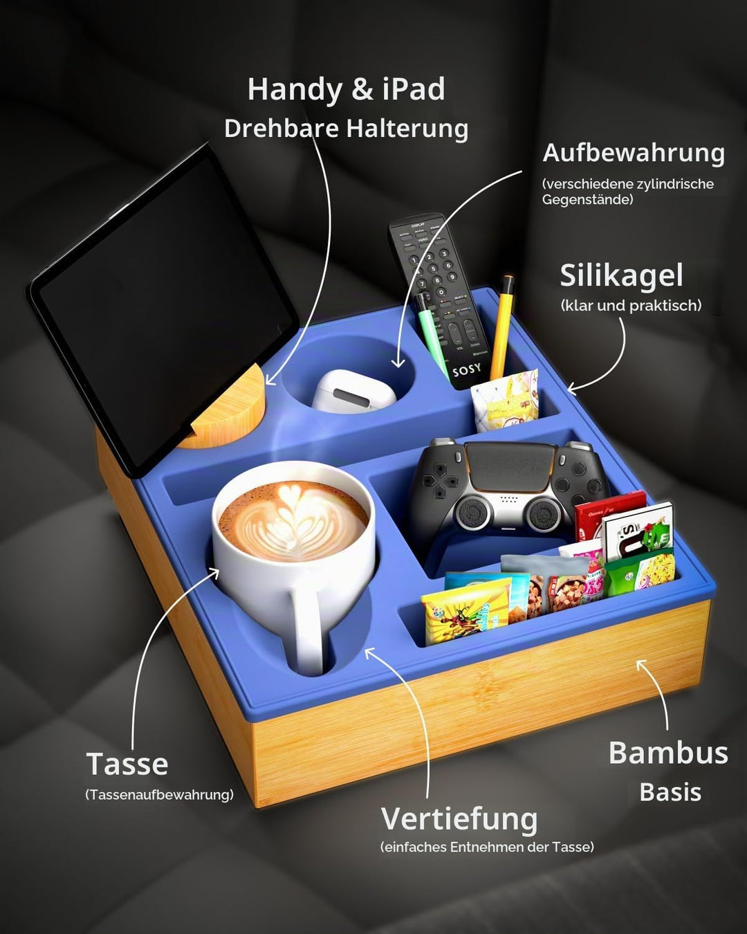 Couch bar Snack box Silikon sofatablett mit 360 Grad Drehbar Handyhalter beistelltisch mit Holz Sofa